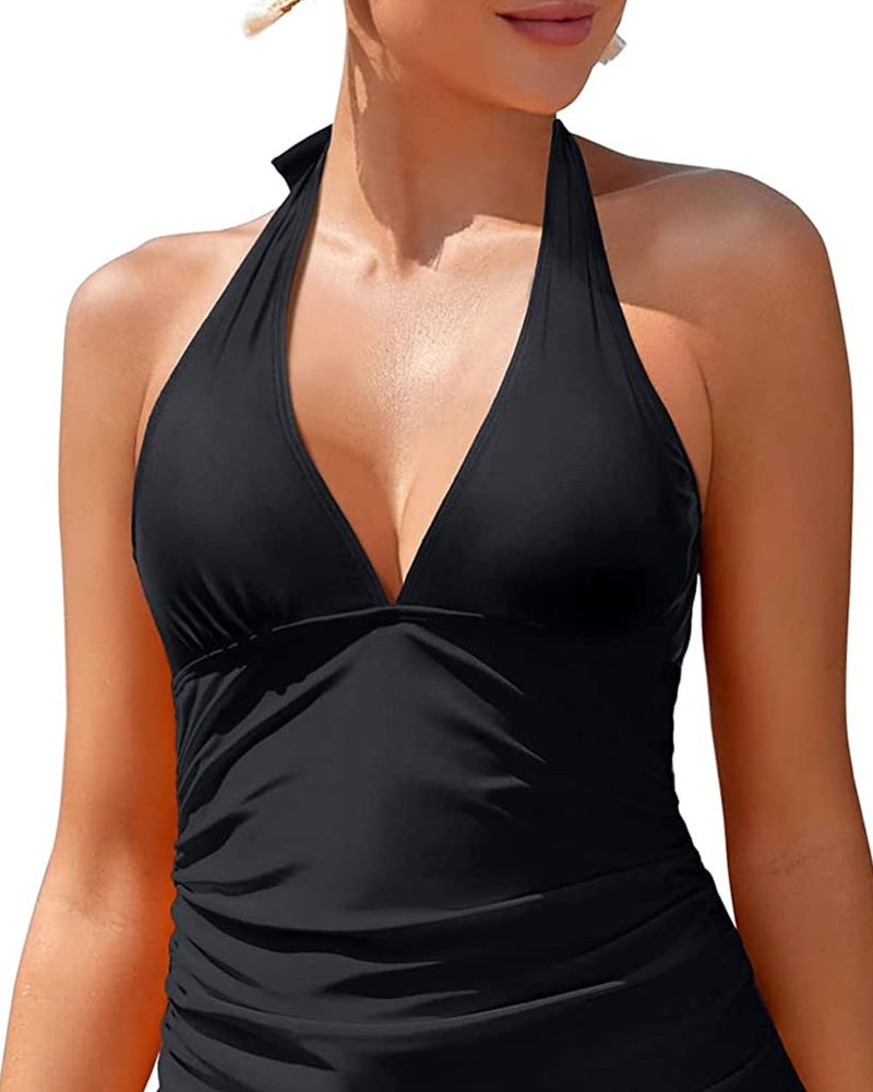 Holipick Women Two Piece Swimsuit Sexy Deep V Neck Halter Ruched Tummy Control Tankini Sets Black L - Image 5